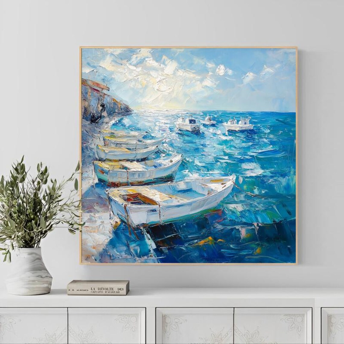 White Fishing Boats Bobbing on a Sparkling Blue Harbor Wall Art