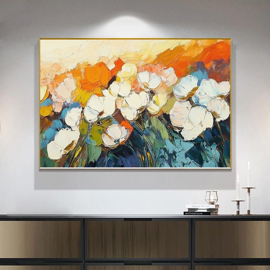 White Anemone Flowers Over Orange Blue Abstract Thick Paint Art Poster