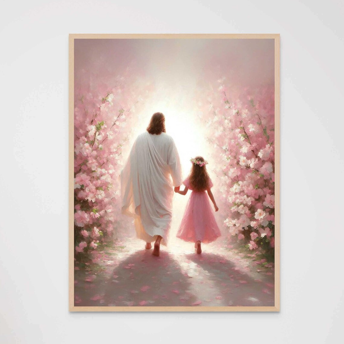 Jesus Christ and Girl Walking Through Pink Blossom Path Poster