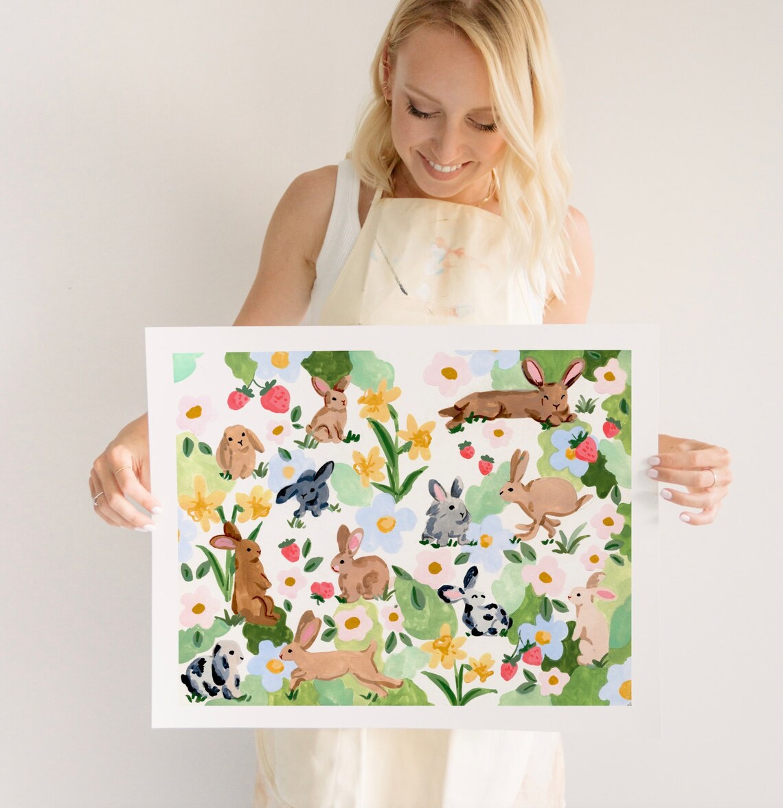 Rabbits and Strawberries Watercolor Art Print - Image 3