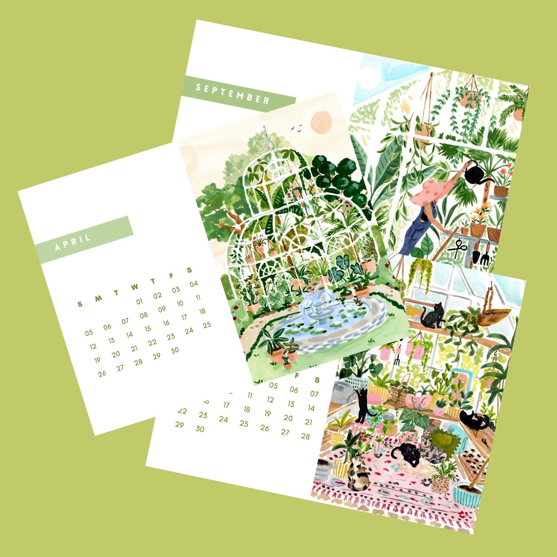 2025 Monthly Calendar Lush Garden Watercolor Art Print Greenhouse Cat - Image 4