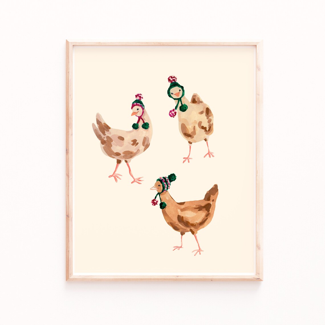 Farmhouse Chickens Wearing Hats, Winter Art Print