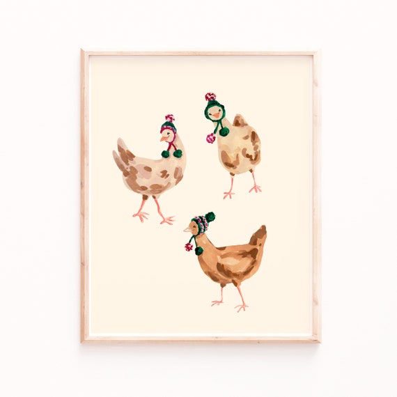 Farmhouse Chickens Wearing Hats, Winter Art Print