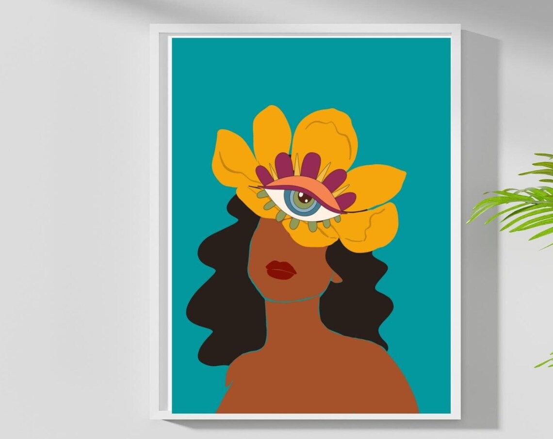 Third Eye Flower Woman Teal Background Abstract Portrait Poster