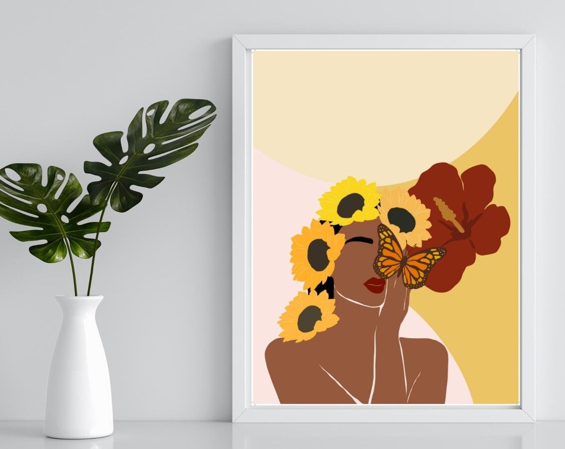 Flower Child Woman Sunflowers Butterfly Warm Yellow Art Poster