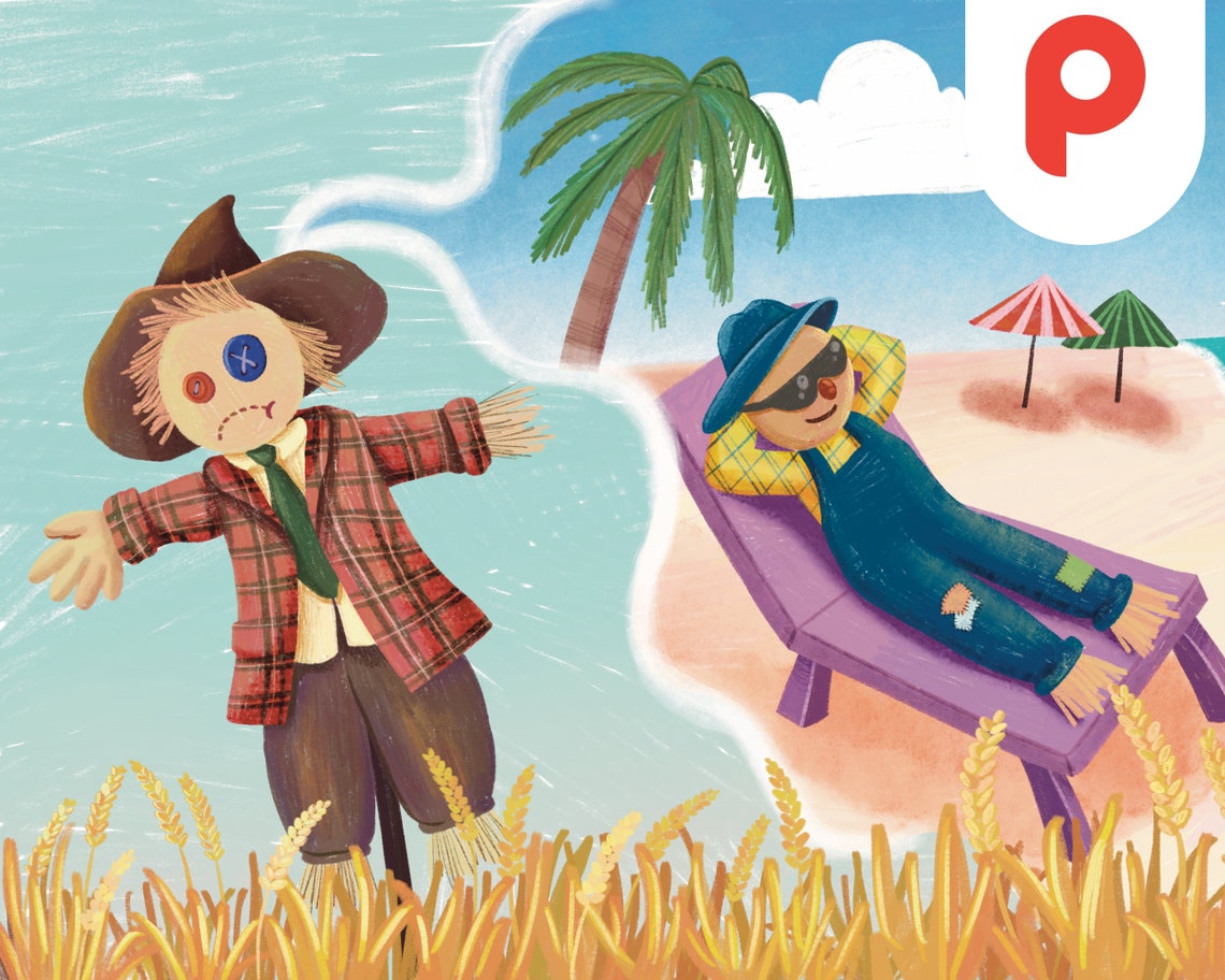 Daydreaming Scarecrow Imagining a Sunny Beach Vacation Poster