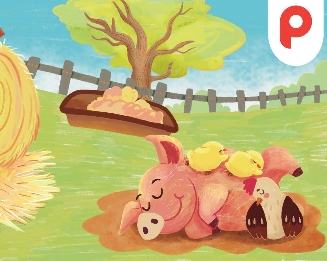 Sleepy Pink Farm Pig Napping in Mud with Baby Chicks and Hen Poster