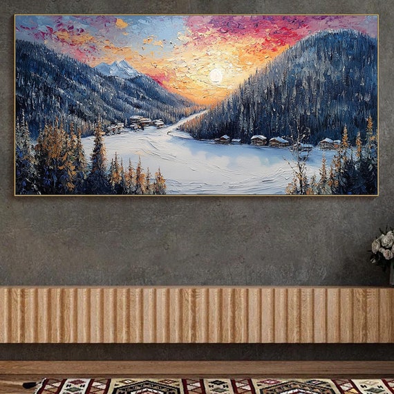 Original Winter Mountain Village Sunset Landscape Oil Painting Textured Snow Cabin Chalet Scene Home Wall Art Decor Large Wall Art