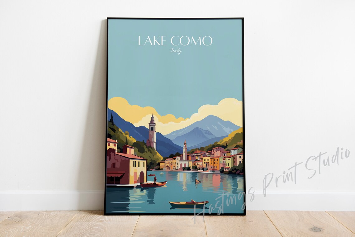 Lake Como Italy Pastel Lakeside Village Mountains Travel Poster