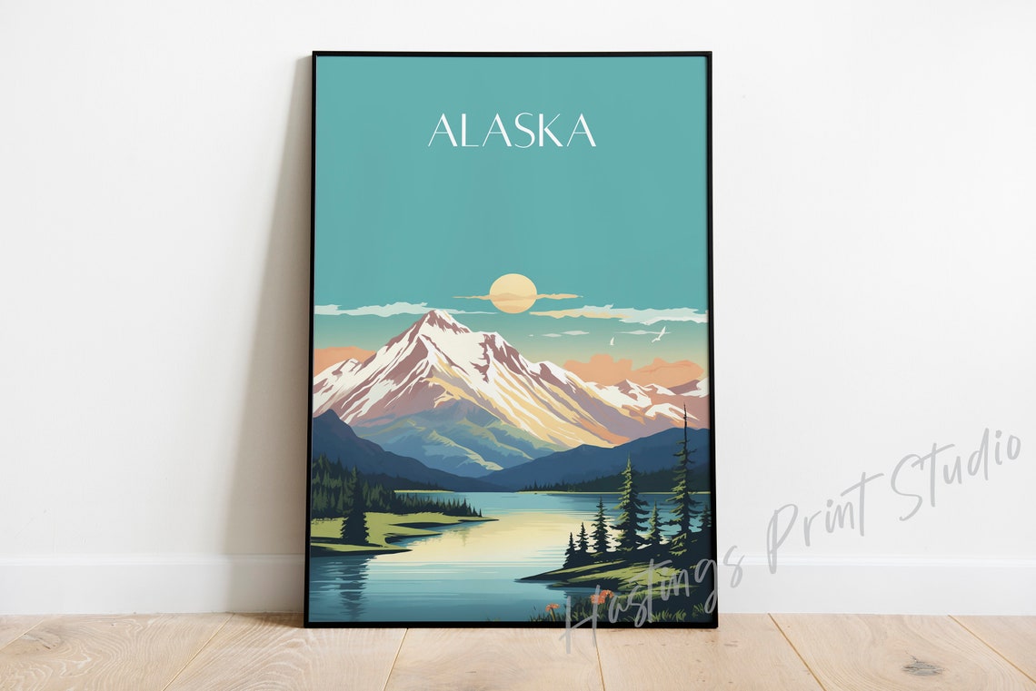 Alaska Snowy Mountain Lake Reflection Vintage Modern Travel Poster