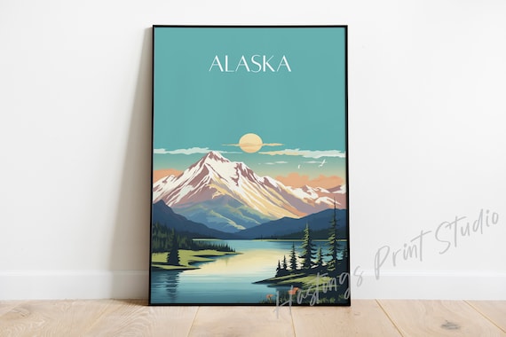 Alaska Snowy Mountain Lake Reflection Vintage Modern Travel Poster