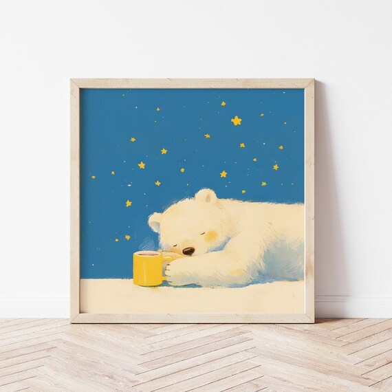 Polar Bear Starry Night Café Art Print, Nursery