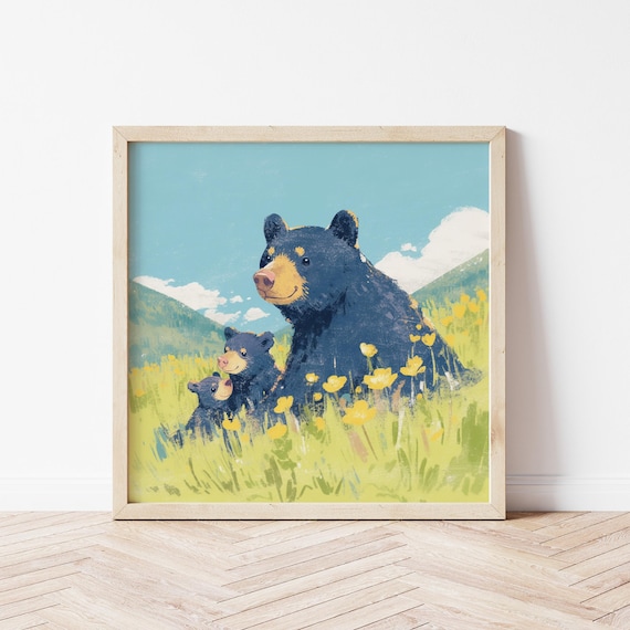 Black Bear Mom With Two Cubs In Flower Meadow Cute Nursery Wall Art