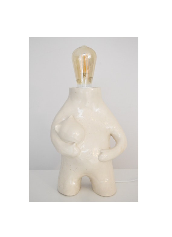 Handmade White Ceramic Bear Table Lamp Sculptural Home Decor Photo Print