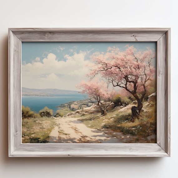 Springtime Pink Flowering Trees Coastal Road Bright Blue Bay Poster