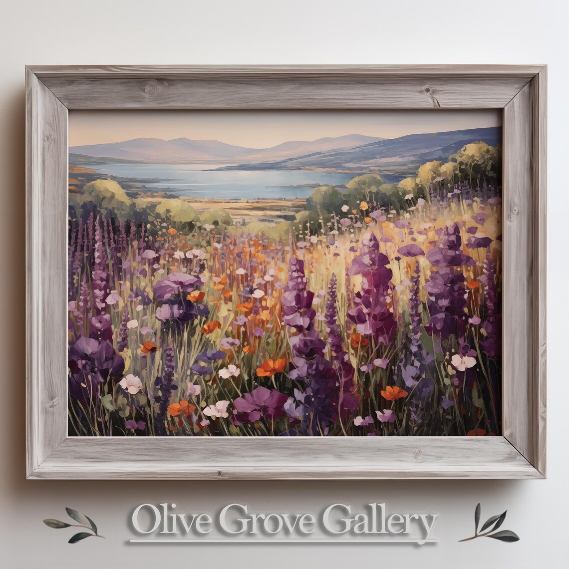 Lavender And Poppy Field Overlooking A Mountain Lake Vintage Poster