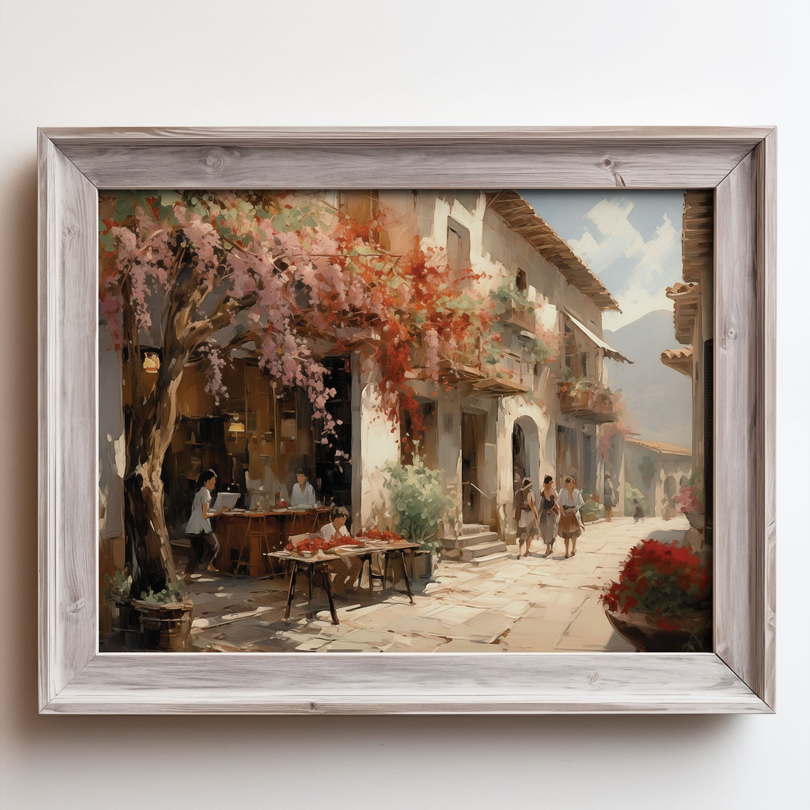 Mediterranean Village Street Cafe Blossoming Tree Oil Painting Poster