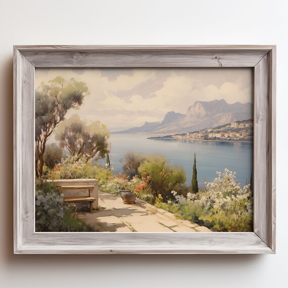 Sunny Stone Terrace Garden Bench Flowers Mountain Lake View Poster