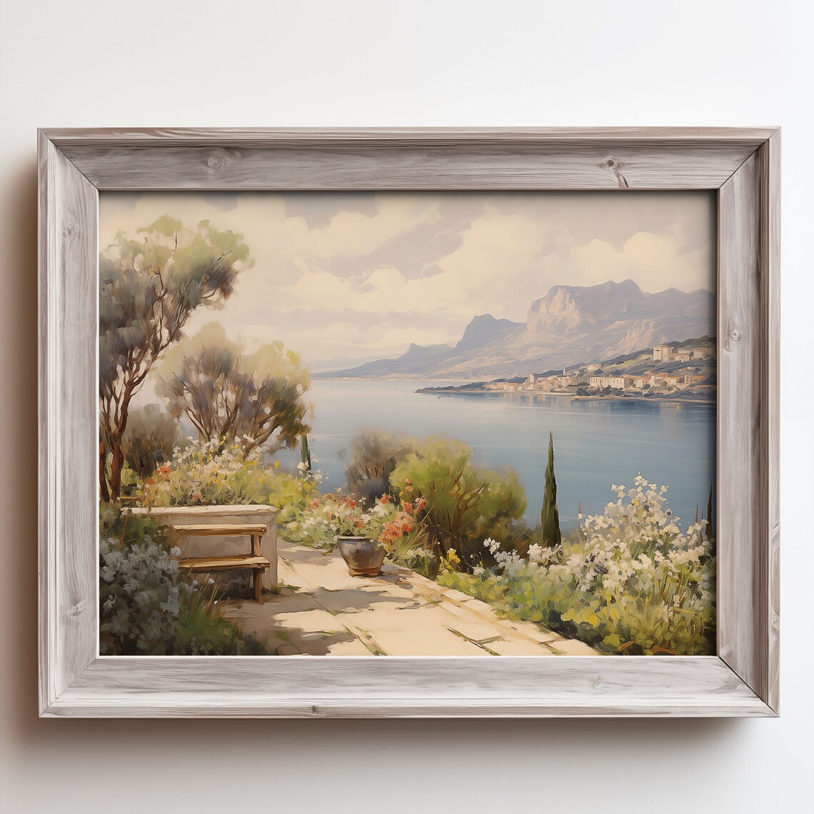 Sunny Stone Terrace Garden Bench Flowers Mountain Lake View Poster