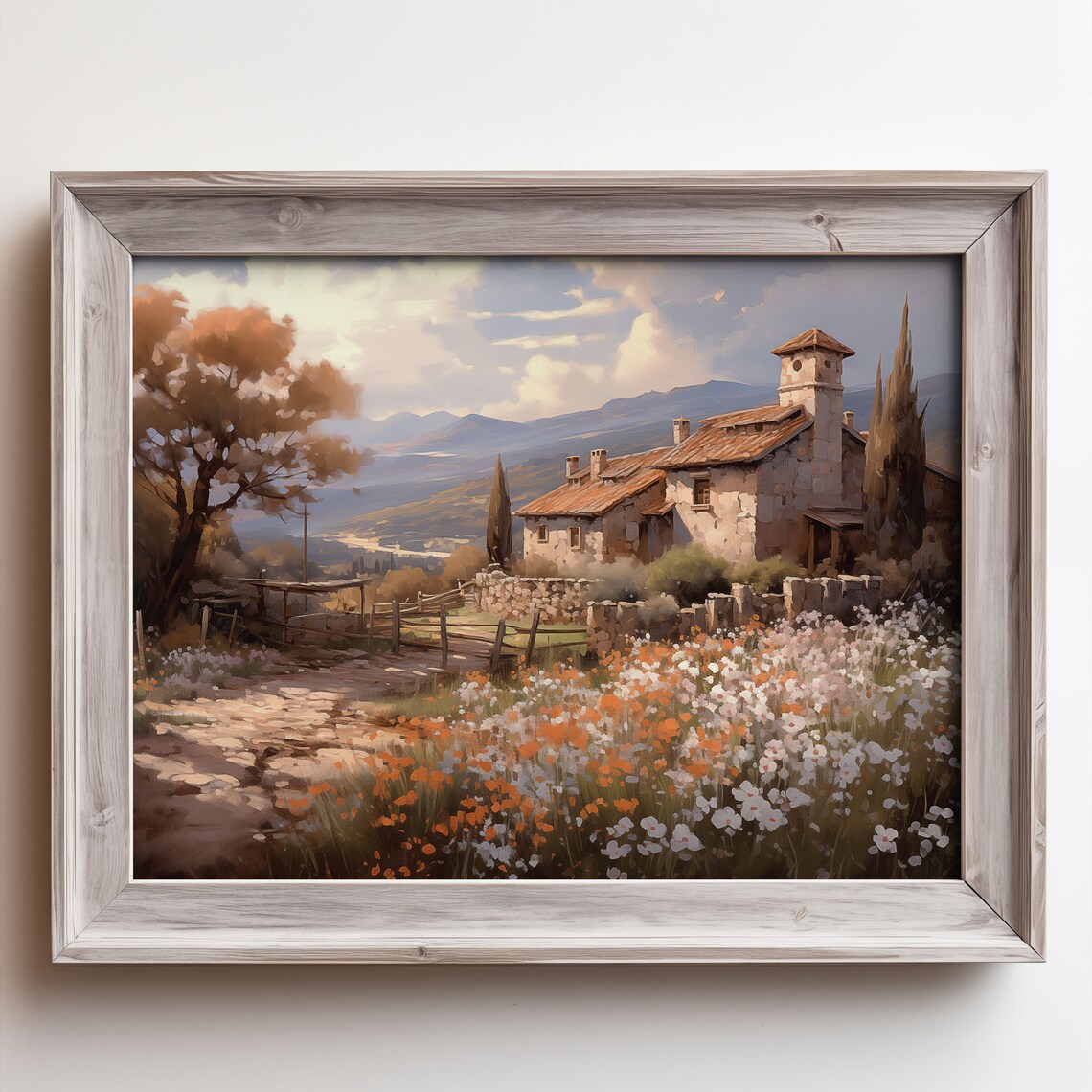 Stone Farmhouse Terracotta Roof Wildflower Field Mountains Oil Painting Poster