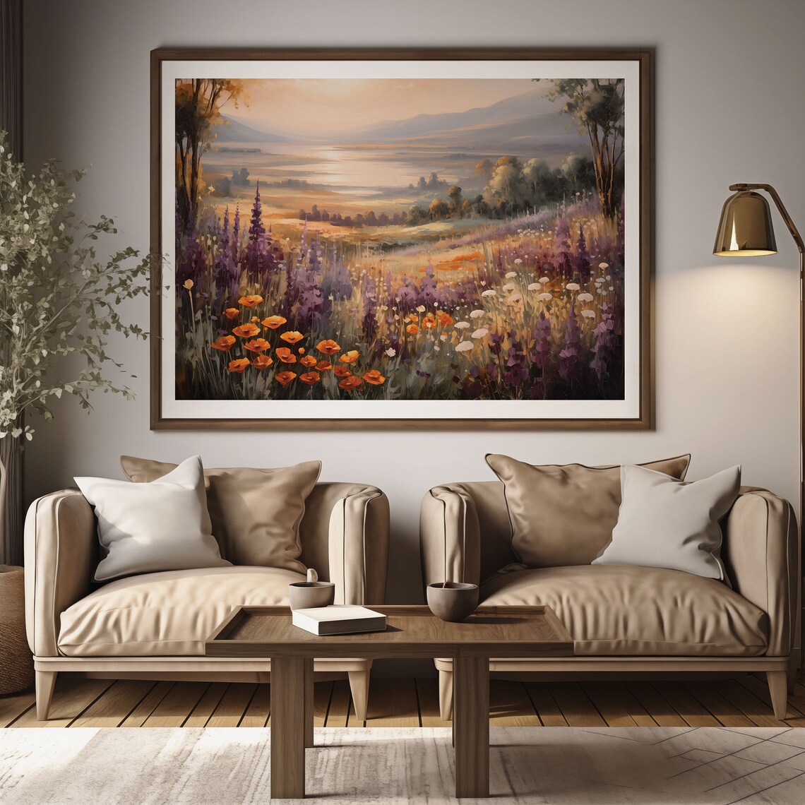 Sunset Wildflower Meadow River Valley Poppy Lupine Oil Painting Poster - Image 2