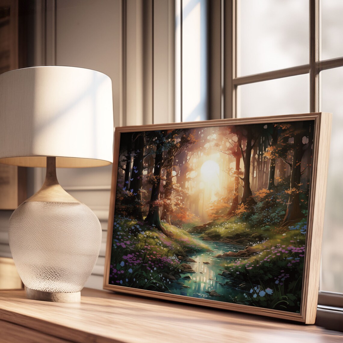 Sunlit Forest Stream Painting Glowing Woodland Water Nature Poster - Image 2