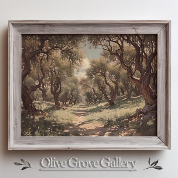 Serene Mediterranean Olive Grove Pathway Tranquil Oil Painting Of Lush Sunlit Trees Natures Beauty Calm Scenery And Peaceful Landscape