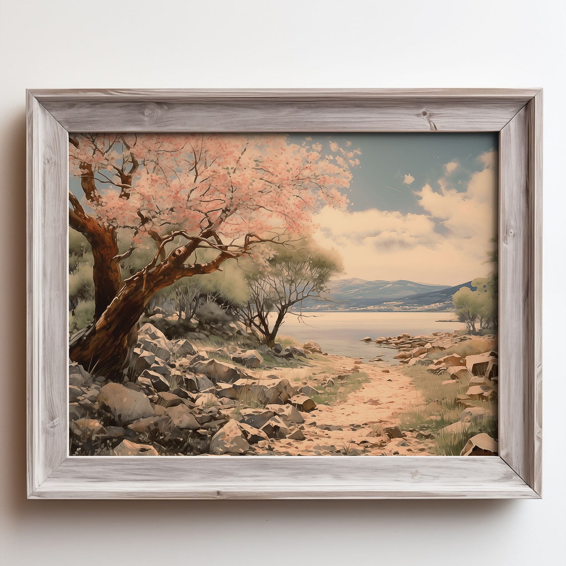 Springtime Pink Blossom Tree Rocky Beach Calm Bay Shore Scene Poster