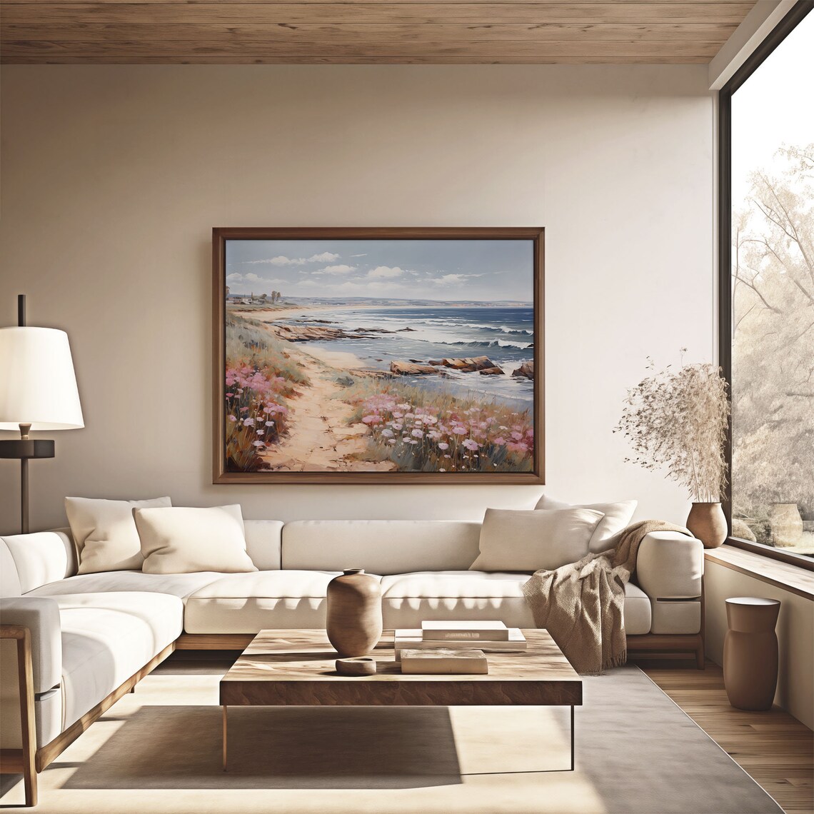 Ocean Waves Sandy Beach Path Pink Wildflowers Seascape Oil Painting Poster - Image 4