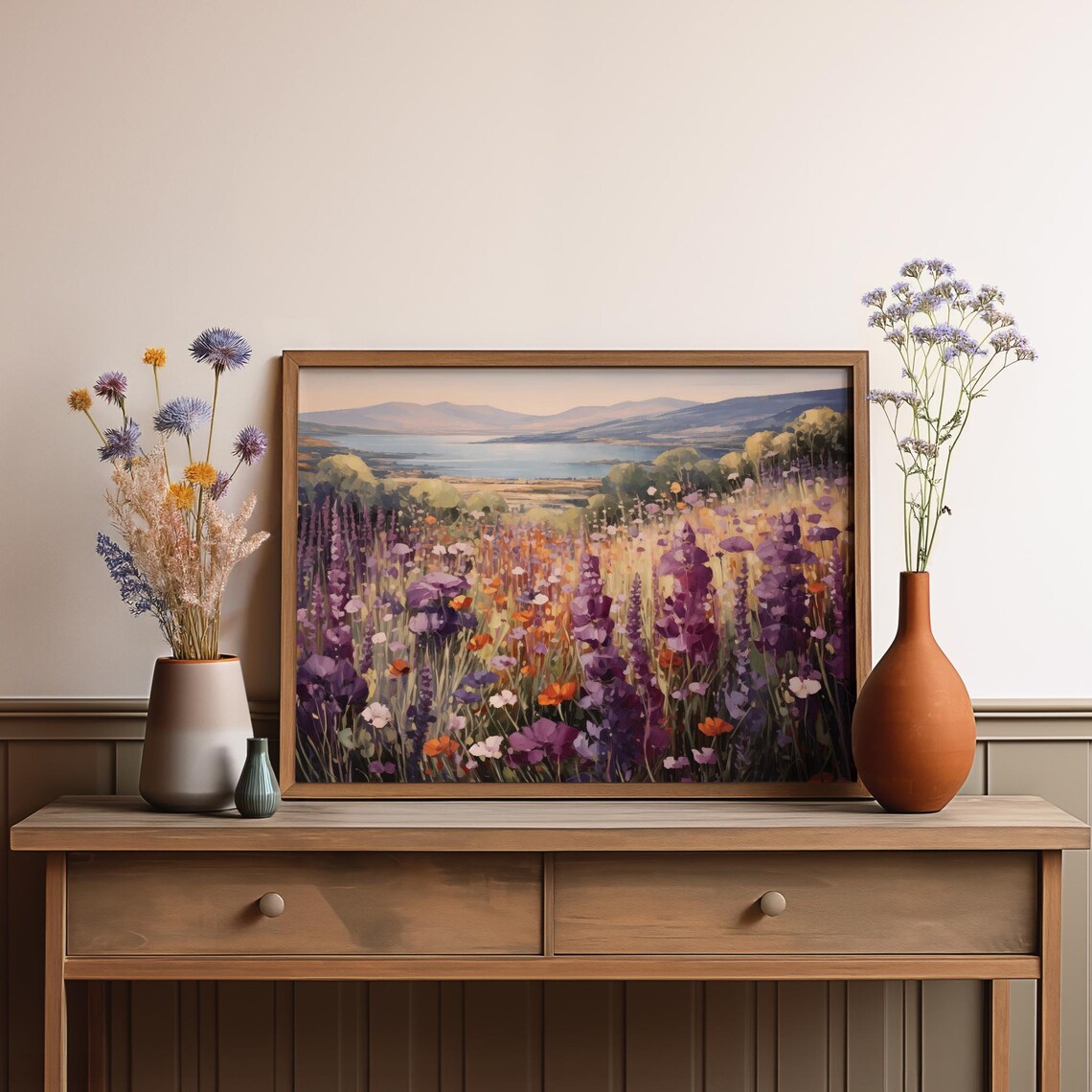 Lavender And Poppy Field Overlooking A Mountain Lake Vintage Poster - Image 4