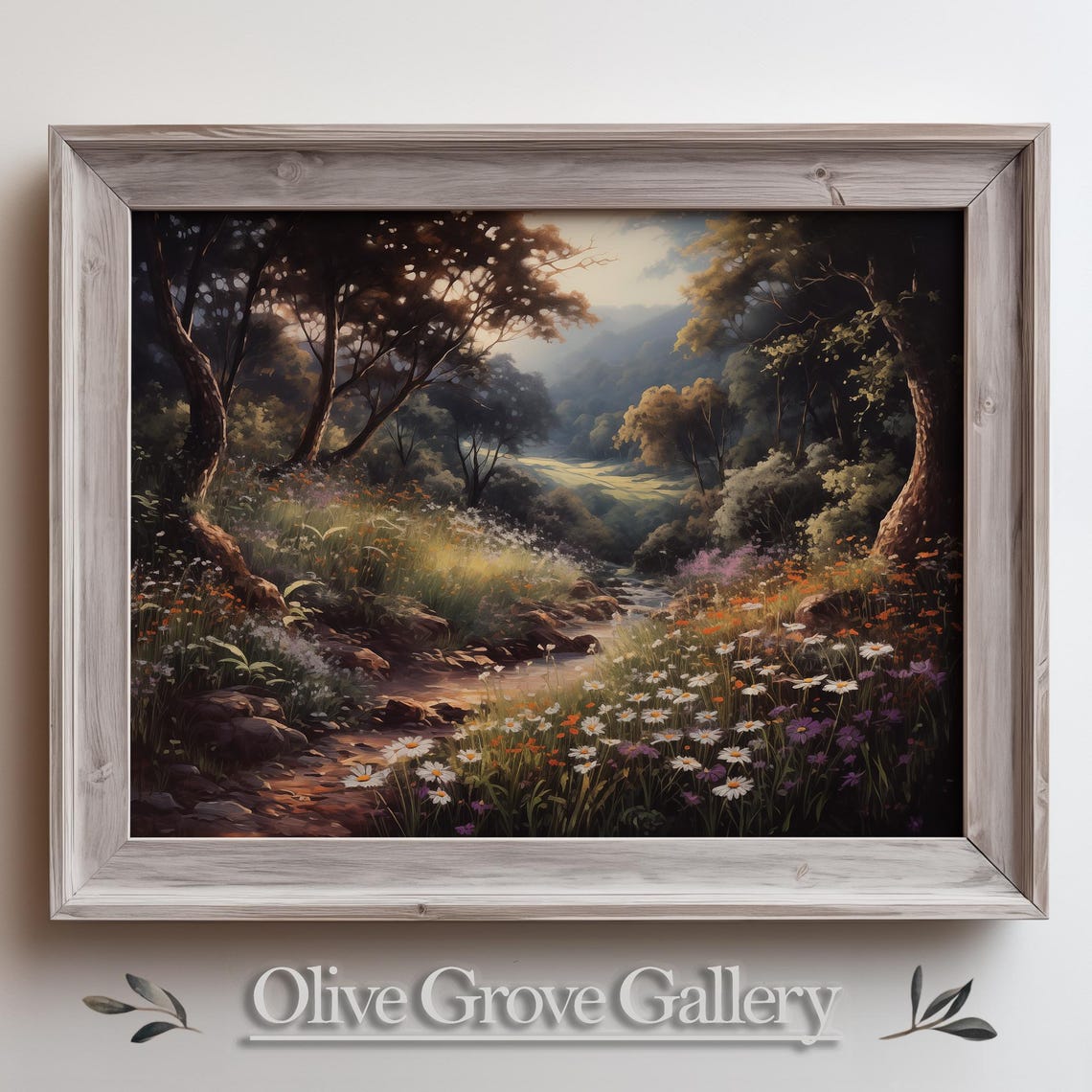Mystical Forest Clearing Wild Daisies By A Stream Vintage Wall Art