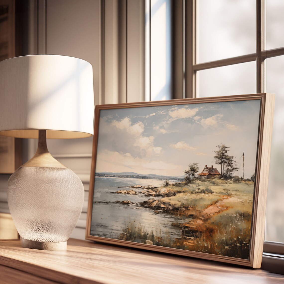 Coastal Cottage Rocky Shore Seascape Antique Oil Painting Poster - Image 3