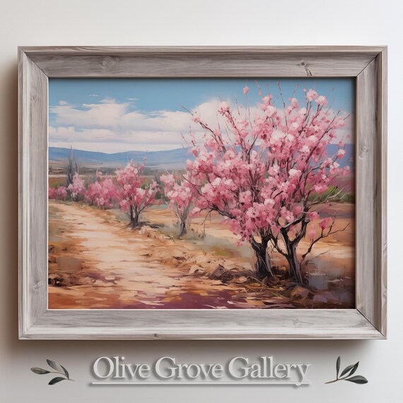 Pink Blossom Trees Sandy Road Painting Desert Spring Flowers Poster