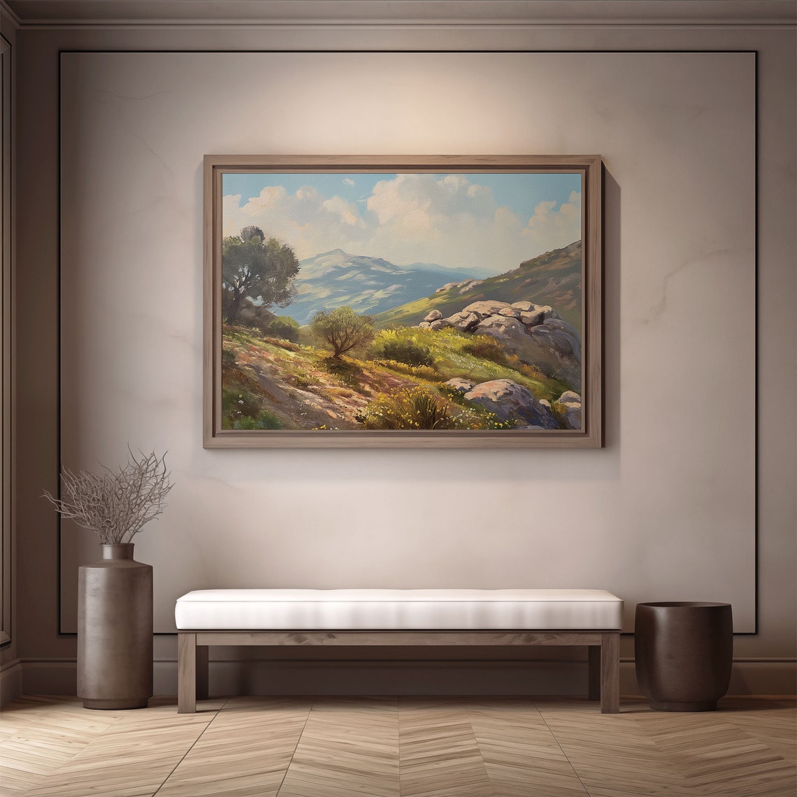 Mountain Valley Olive Trees Painting Rocky Hills Wildflower Poster - Image 2