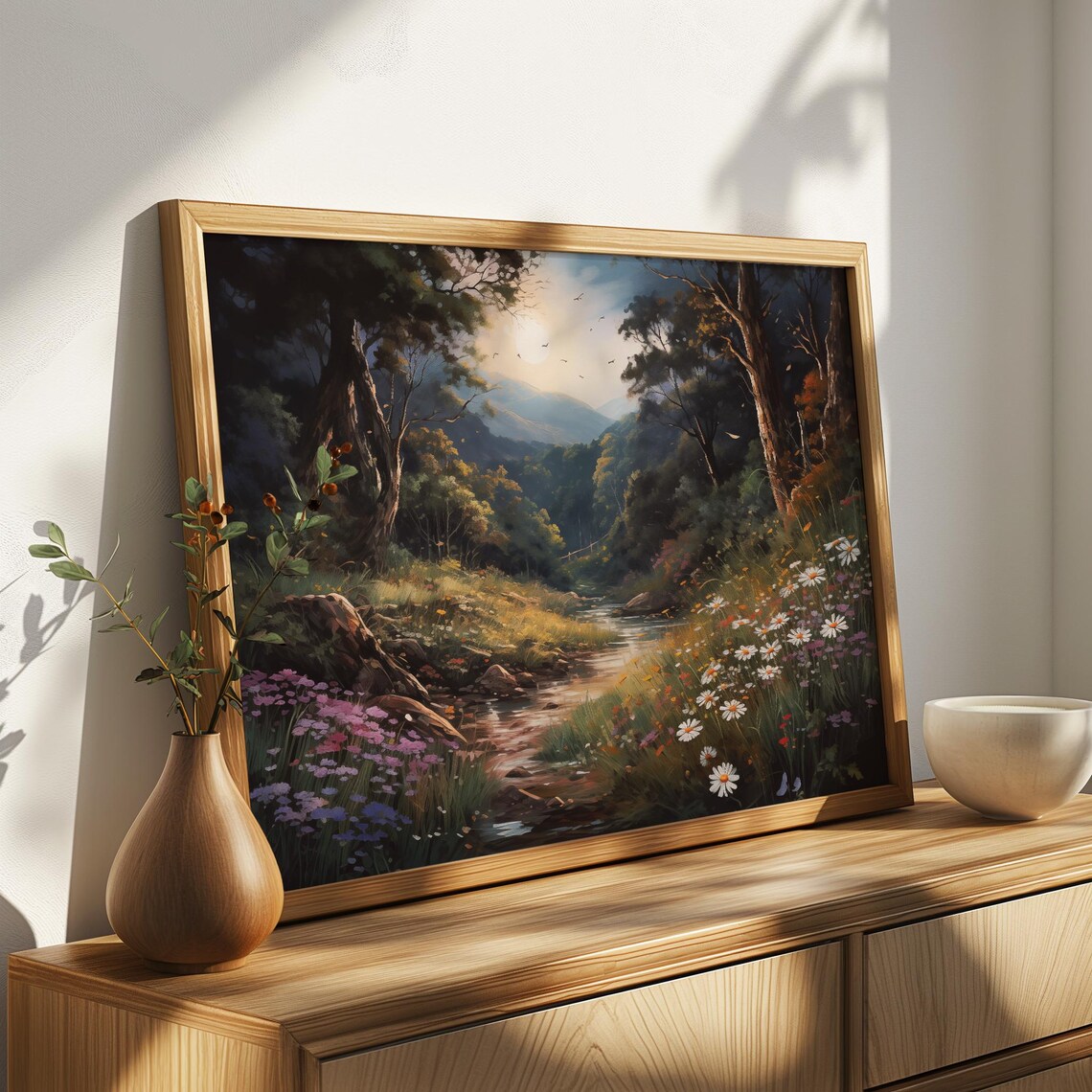 Morning Forest Clearing Stream Daisy Meadow Oil Painting Poster - Image 4