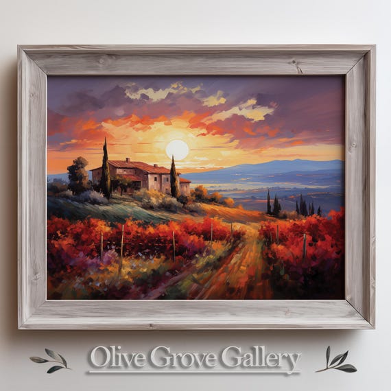 Sunset Over Mediterranean Countryside Vibrant Landscape Wall Art Rustic Villa With Vineyards Warm Nature Decor Instant Print