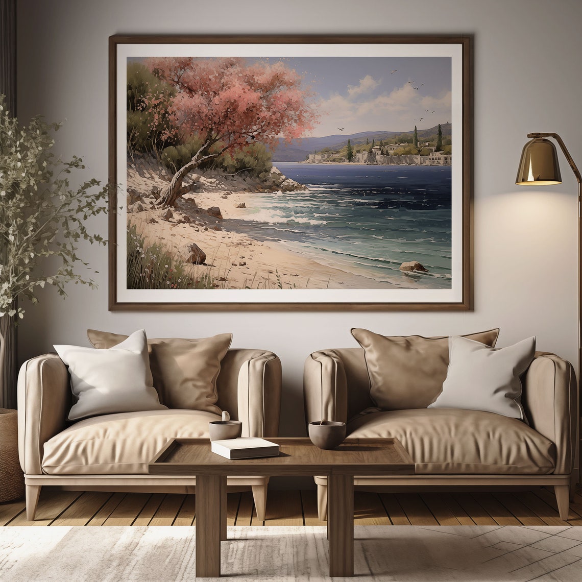 Pink Blossom Tree on Sandy Beach with Turquoise Sea Waves Poster - Image 2