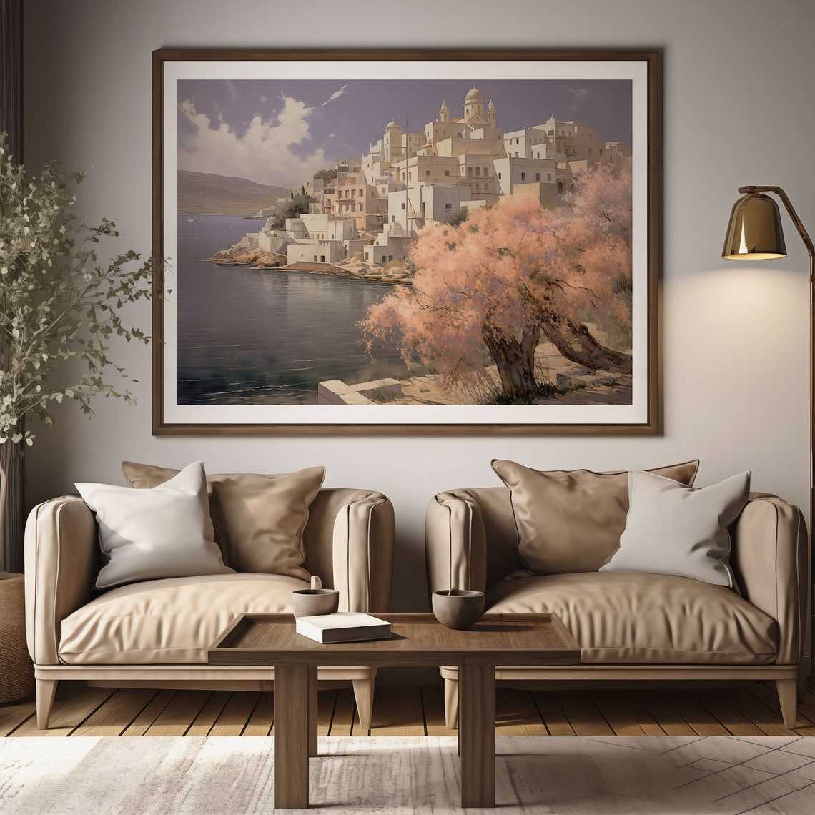 Greek Whitewashed Hilltop Village Church Dome Harbor View Poster - Image 2