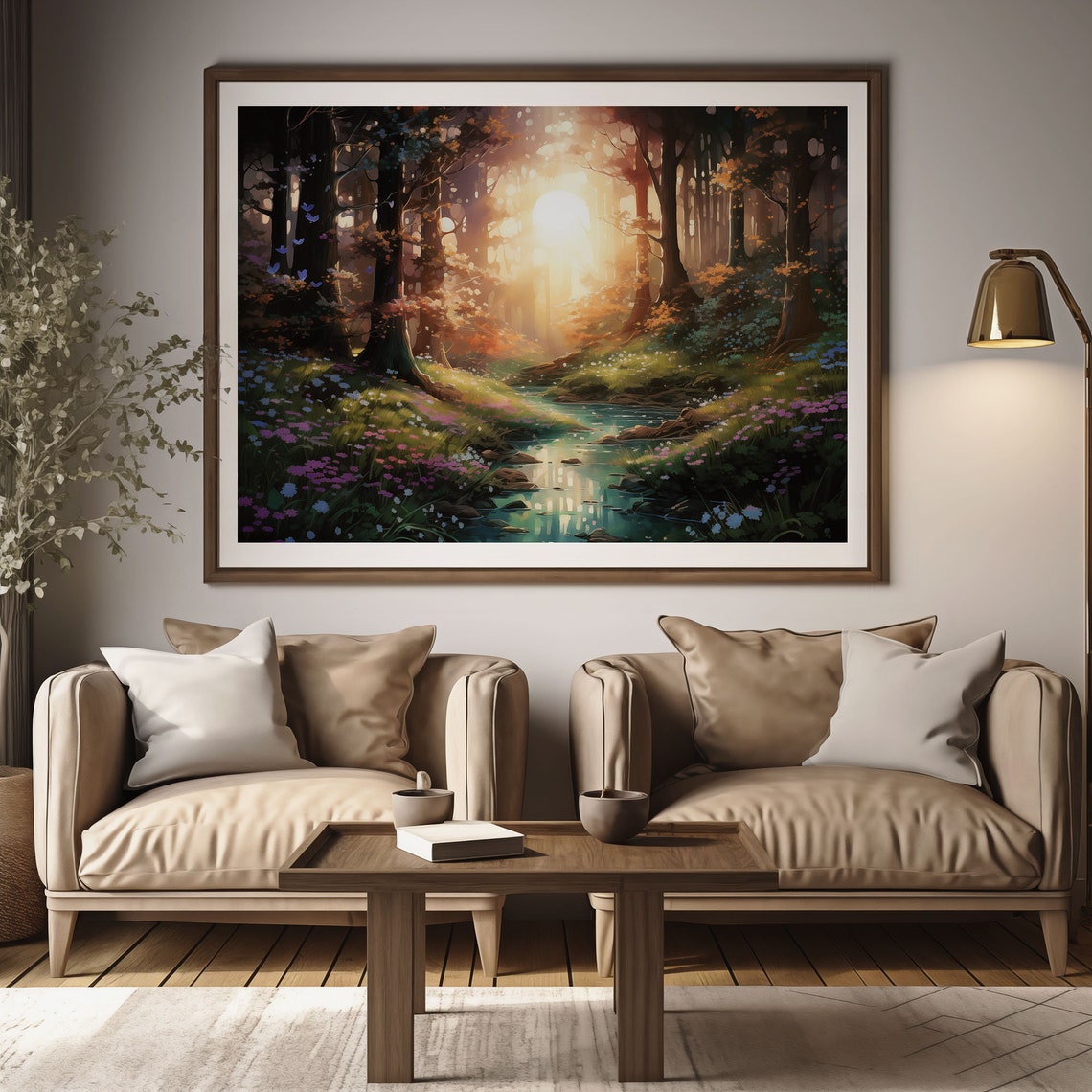 Sunlit Forest Stream Painting Glowing Woodland Water Nature Poster - Image 3