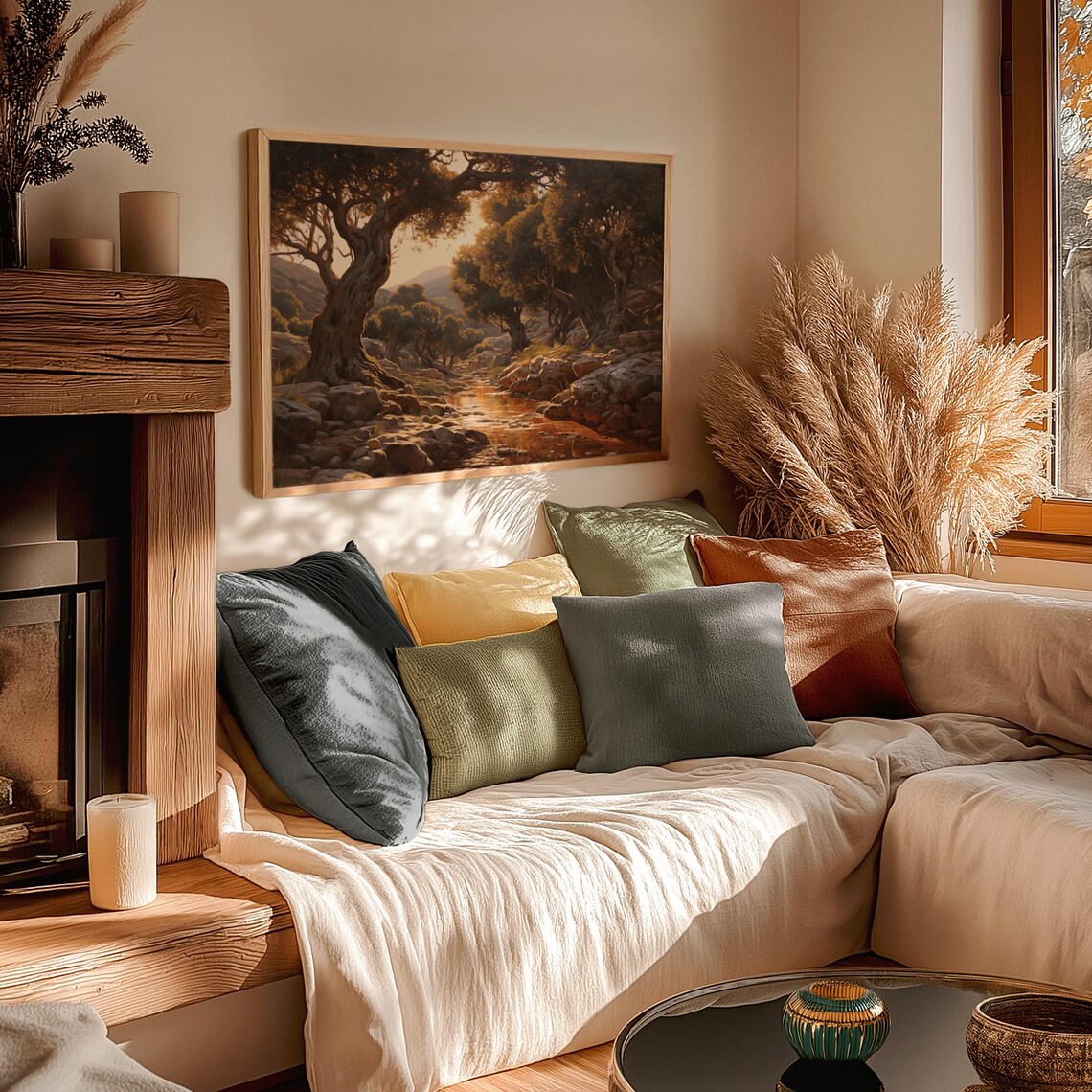 Olive Grove With Sunlit Stream And Rocky Banks Golden Oil Poster - Image 3