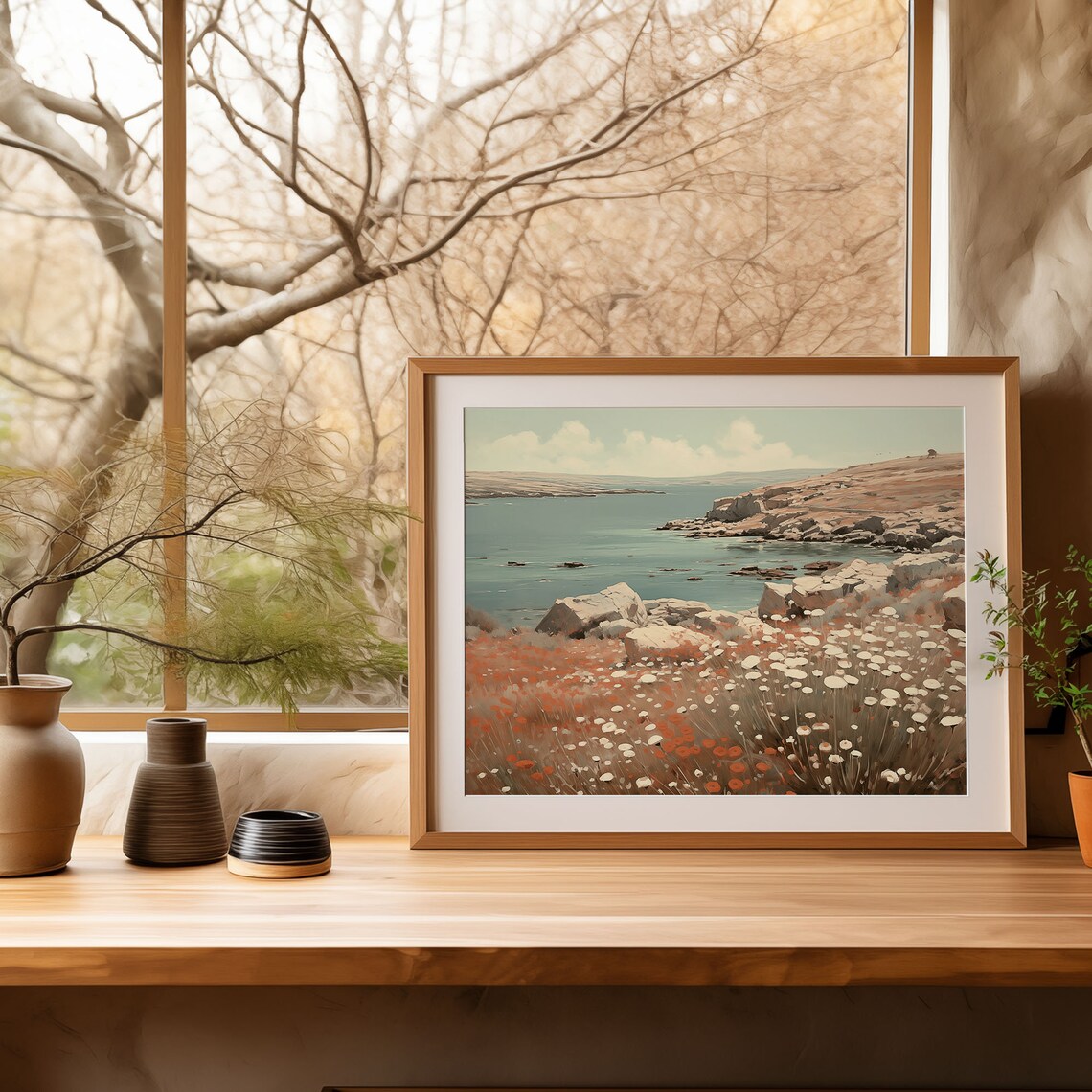 Rocky Coast Wildflower Painting Teal Sea Cliff Ocean Nature Poster - Image 4