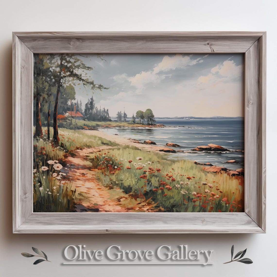Charming Coastal Cottage Path Painting Seaside Wildflower Ocean Poster