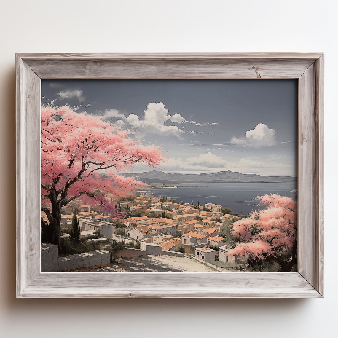 Springtime Pink Blossom Trees Coastal Town Bay Mountain View Poster