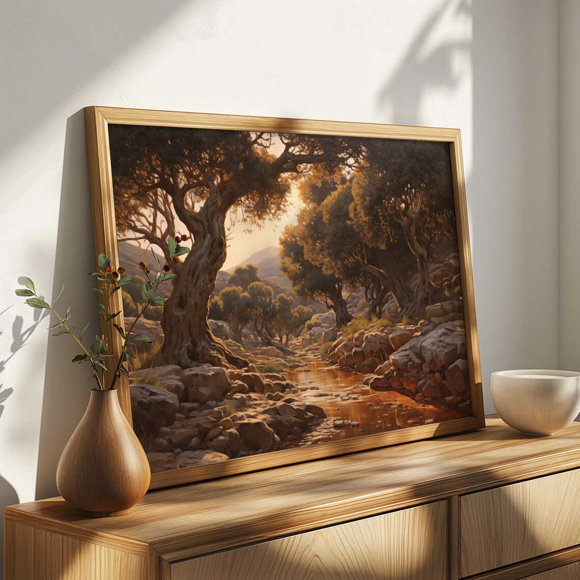 Olive Grove With Sunlit Stream And Rocky Banks Golden Oil Poster - Image 4