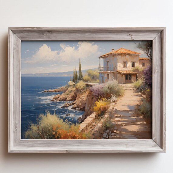 Cliffside Seaside Villa Rocky Shore Blue Ocean Oil Painting Poster