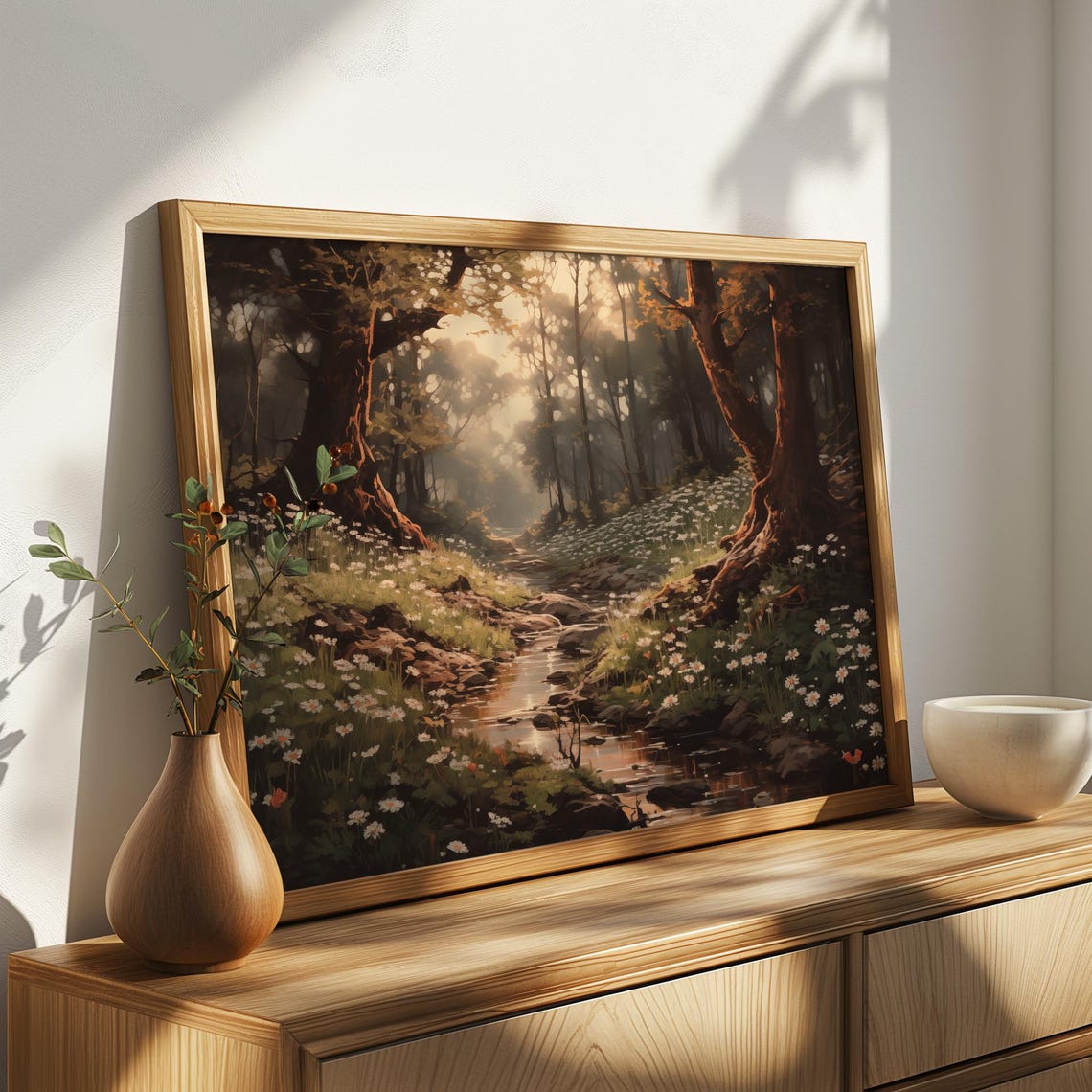 Mystical Forest Stream Daisy Meadow Sunlit Woodland Nature Art Poster - Image 4