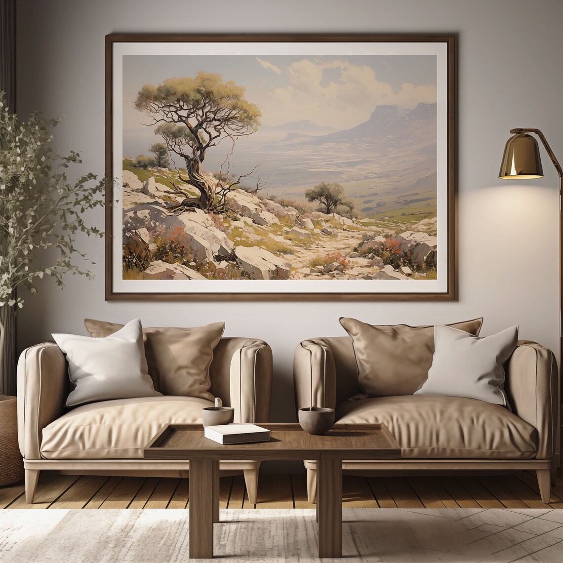 Windswept Tree on Rocky Hill Overlooking the Valley Oil Painting Poster - Image 2