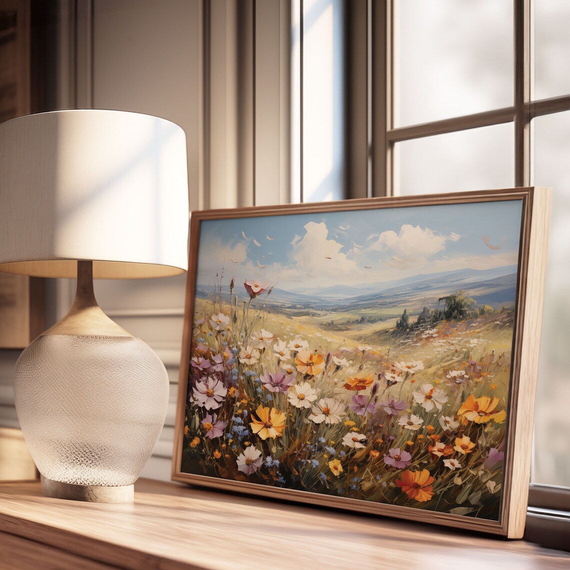 Wildflower Meadow Flying Birds Blue Sky Rolling Hills Oil Painting Poster - Image 3
