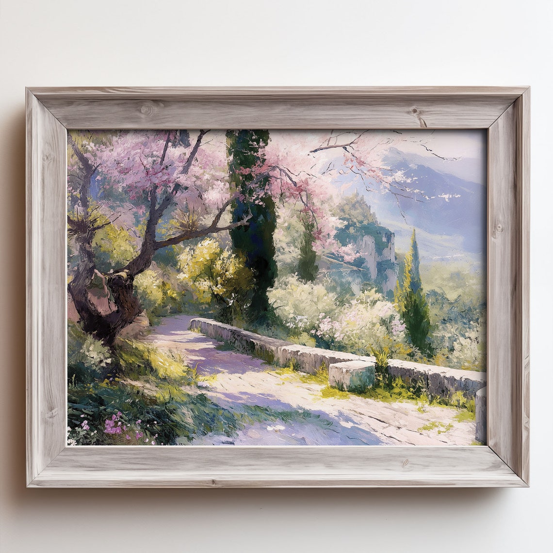Blossom Lane Stone Wall Painting Cypress Trees Valley View Poster