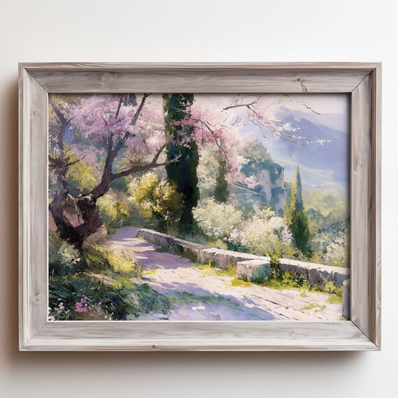Blossom Lane Stone Wall Painting Cypress Trees Valley View Poster